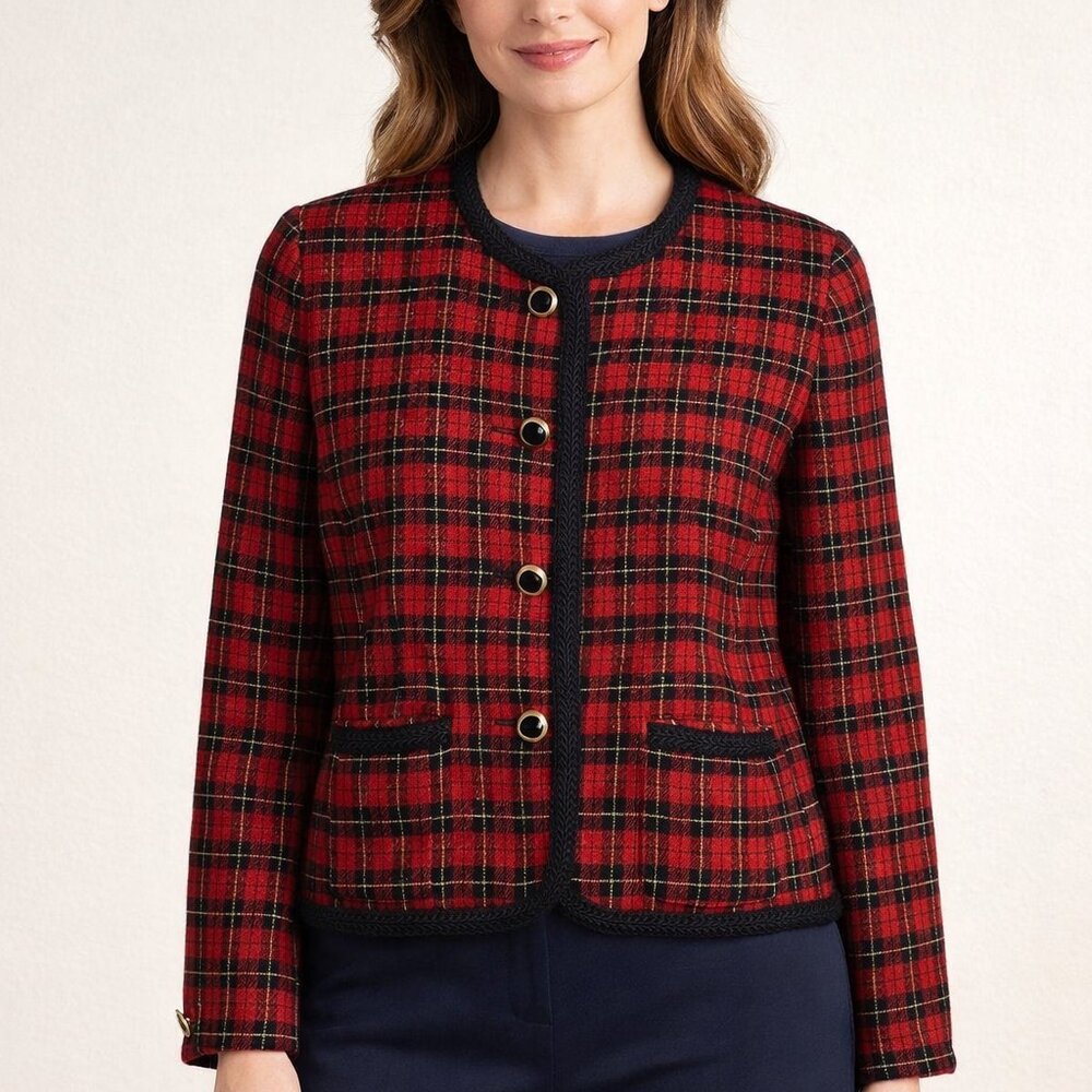 Vintage Pendleton Red Tartan Plaid Wool Blazer Petites 12 12P Jacket Coco Tweed